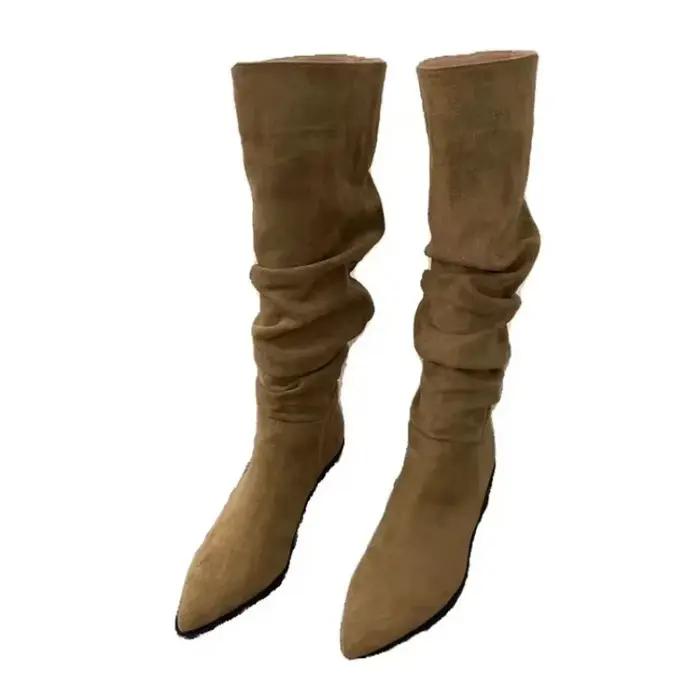 Bottes hautes au genou élégantes pour femmes plissées bout rond talons bas printemps automne occassions spéciales