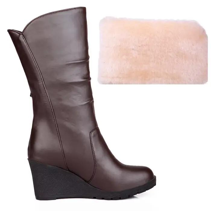 Bottes de neige à talons compensés décontractées pour femmes, chaussures confortables en fourrure et peluche, mi-mollet, mode, noir, marron, blanc, hiver, grande taille 34, 48