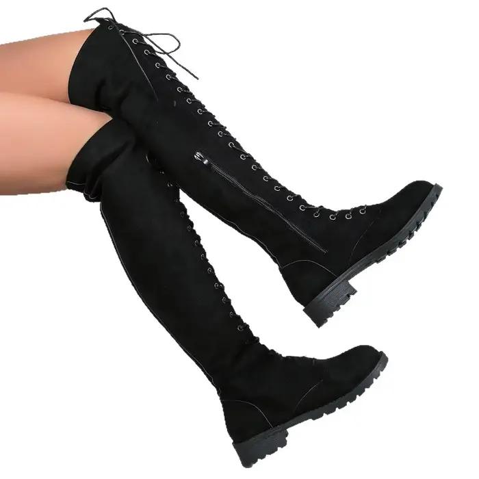 Bottines hautes en velours à bout rond et plat avec boucle talon carré confortables couleur unie pour femme occasions spéciales printemps automne