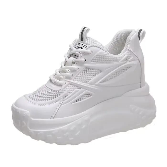 Femmes creux talons hauts 10cm baskets épais décontracté automne printemps plate-forme compensée haute couture respirant femmes été maille chaussures