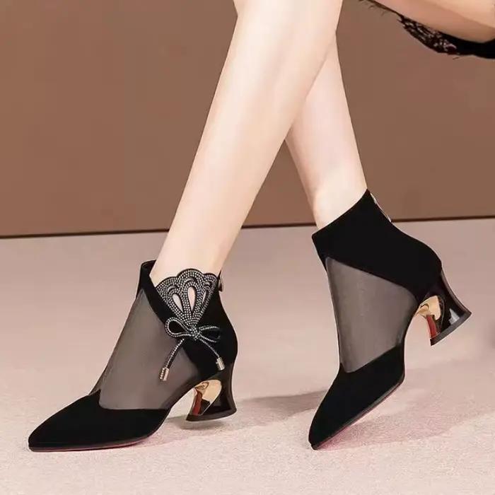 Nouvelles Bottines à Bout Pointu en Maille 2026, Talon Carré Confortable, Style Français Élégant pour Mariage, Banquet et Soirée