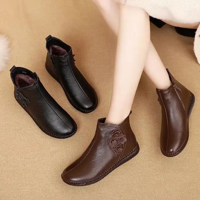 2025 bottes d'hiver en cuir véritable femmes chaud en peluche talon bas mode fleur confortable bottines plates pour les femmes doux