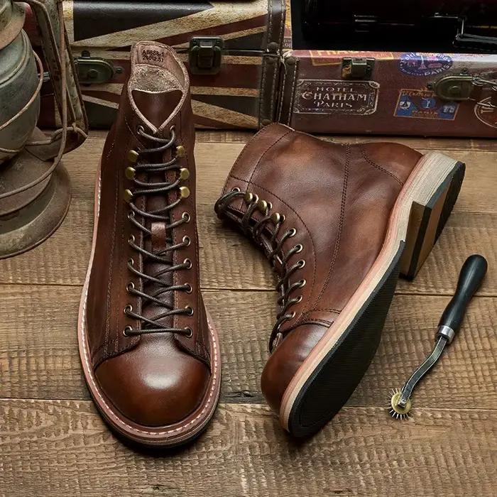 YETTIES Style britannique Rivet en cuir véritable hommes rétro cheville courte équitation bottes équestres hiver en peluche Vintage chaussures