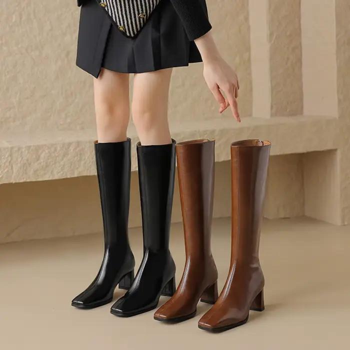 Femmes bottes droites Vintage en cuir de vache longue botte de chevalier talon carré genou bottes hautes fermeture éclair Style britannique hiver femme chaussures