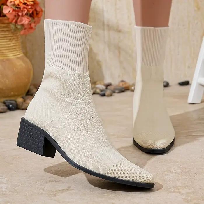 Mode femmes bottes bout pointu sans lacet mi-mollet bottes printemps automne tricoté chaussettes bottes femmes talons hauts grande taille chaussures femmes
