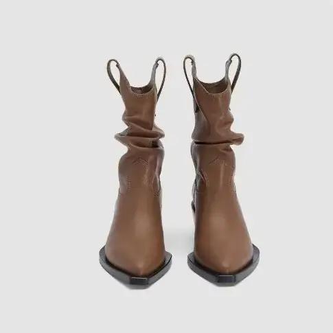 Bottes de cowboy à talons épais en cuir PU pour femmes, bottines western plissées mi-mollet, tube adt, automne, hiver, nouveau