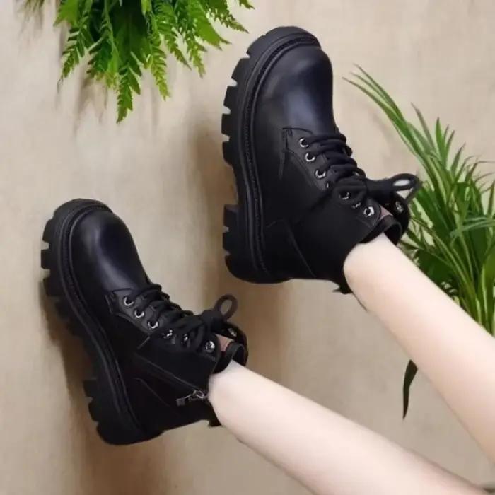 Bottines en cuir souple pour femmes antidérapantes à lacets et semelles épaisses pour hiver confortable et stylé occasions spéciales