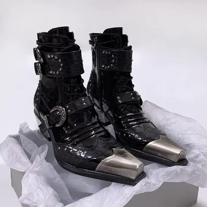 Bottines Western Rétro pour Hommes et Femmes, Bottines Chelsea avec Détails Métalliques, Fermeture Éclair Latérale, Style Punk, Bout Pointu