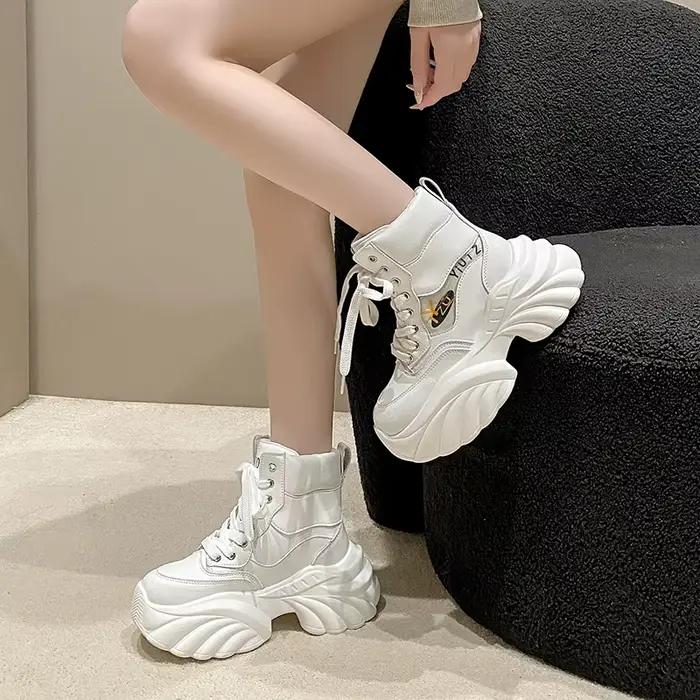 Bottes de rinçage compensées à plateforme pour femmes, grosses baskets, cuir de vache véritable, chaussures ergonomiques décontractées, automne et printemps, chaussures optimistes, 8cm