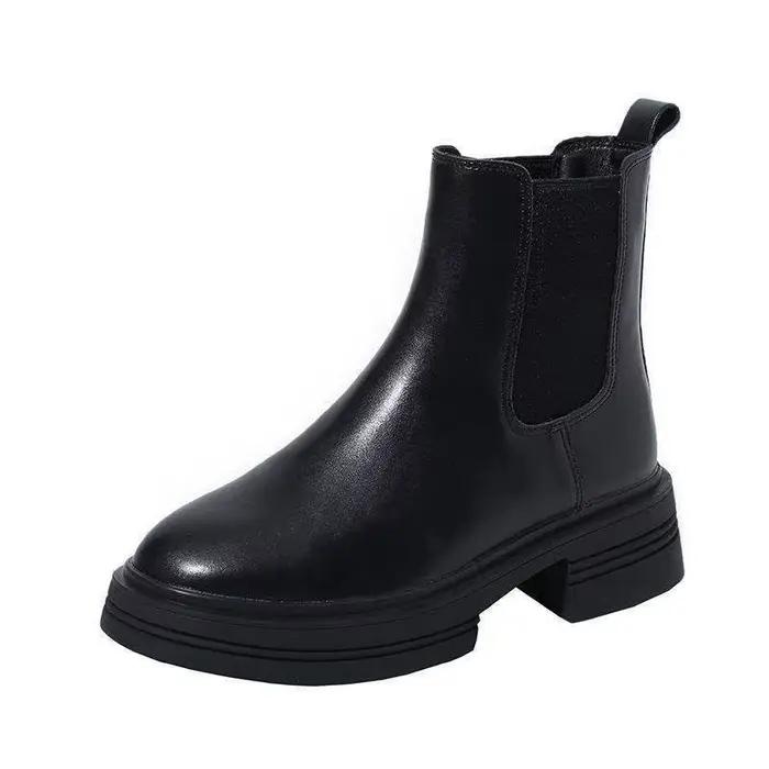 Bottines Chelsea pour femmes, bottines à talons hauts à la mode, talon épais français, bottes noires à talon cheminée, chaussures pour femmes