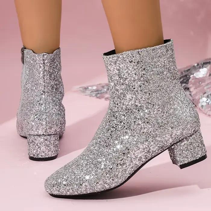Bottines à paillettes argentées scintillantes pour femmes, bottes courtes à talons mi-épais avec fermeture éclair, bout rond, grande taille