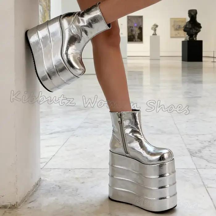 Bottines à plateforme fantaisie en cuir avec fermeture éclair latérale pour femme, chaussures rehaussantes à talon très haut, couleur unie, bout rond, mode et luxe