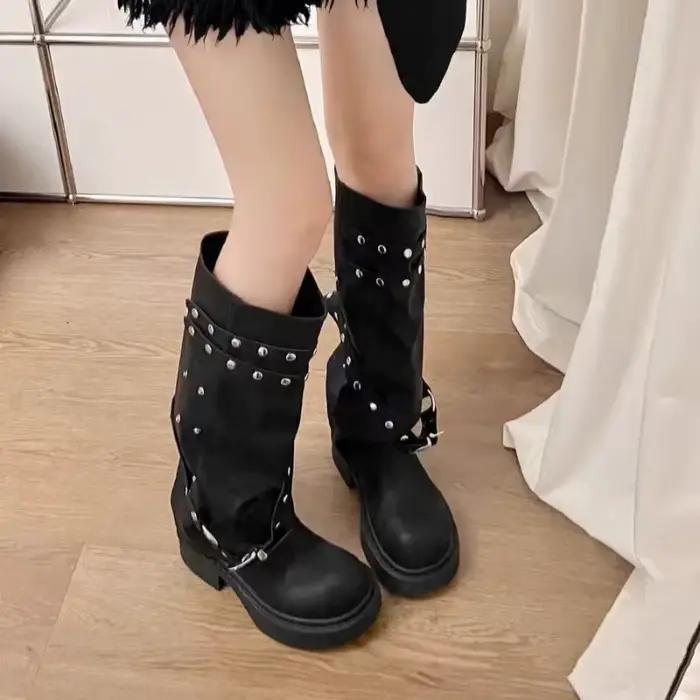 Femmes bottes haute qualité plate-forme pantalon jambes bottes tendance boucle gothique chaussures Rock cuir femmes chaussures mode moto chaussures