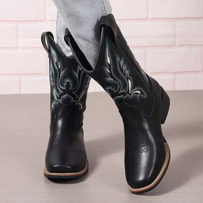 Femmes mi-mollet bottes femme chaussures 4 cm bas talon carré broderie pays botte