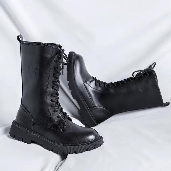 Bottes montantes en cuir véritable pour hommes, bottes d'équitation décontractées de Style britannique, bottes de moto à la mode, chaussures de travail à semelle épaisse avec fermeture éclair