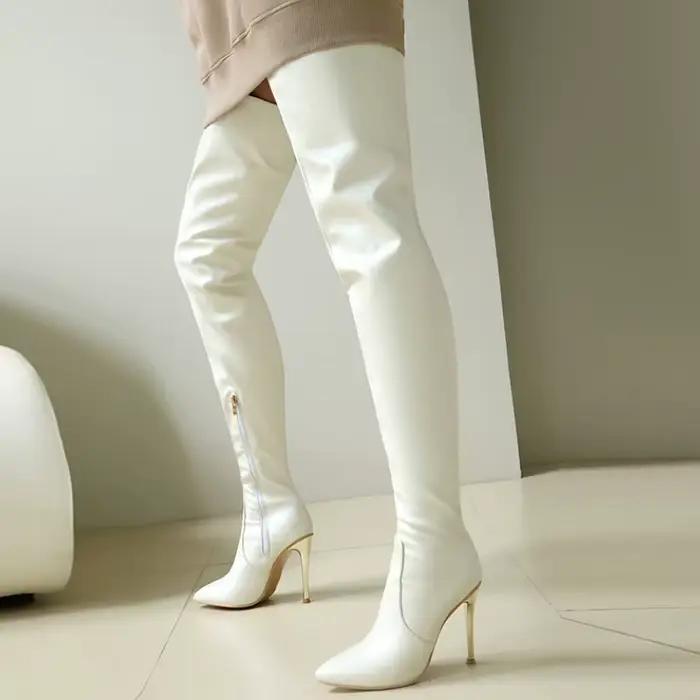 Bottes au dessus élastiques Beige rouge pour femmes, cuissardes hautes blanches, chaussures hautes et longues pour dames, grande taille 48, automne hiver