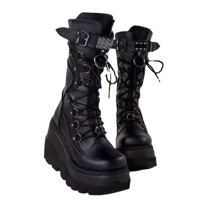 Bottes à plateforme gothiques pour femmes, flambant neuves, à la mode, avec boucle à rivets, Punk, talons hauts, bottes de fête, rue, Cosplay, chaussures pour femmes