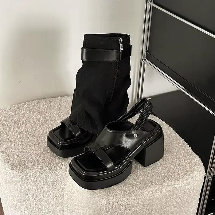 Bottes mi-mollet tendance pour femme avec boucle de ceinture, sandales gladiateur à talon épais et bout ouvert, nouvelle collection été 2025