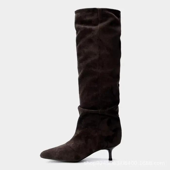 Élégant marron plissé concepteur daim genou-bottes femmes Sexy bout pointu chaton talon bottes longues hiver confortable femmes chaussure