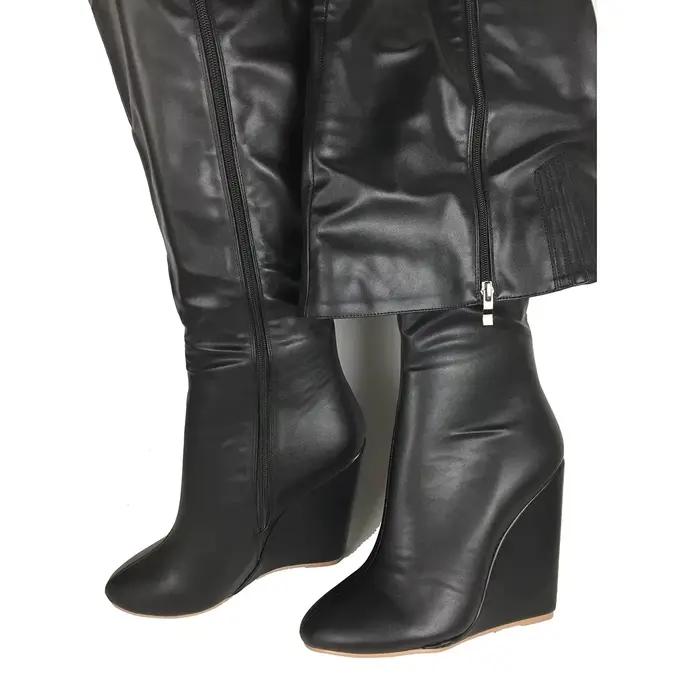 Bottes noires au-dessus du genou pour femmes, bottes hautes à talon compensé avec fermeture éclair intégrale, bottes longues d'hiver