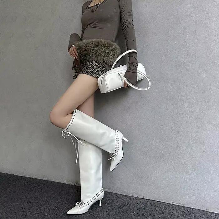 Bottes tendance polyvalentes à lacets pointus pour femme, nouvelles bottes hautes ajustées à la cheville large avec patchwork
