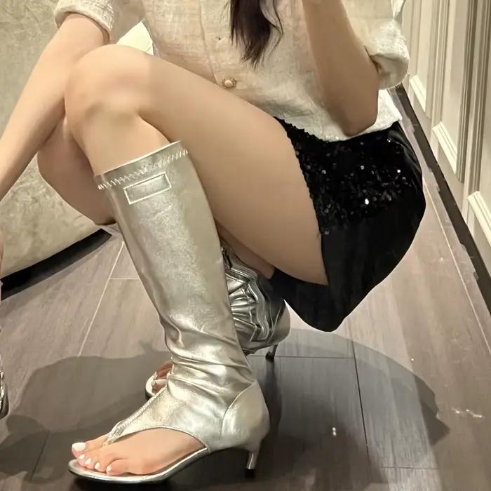Eilyken concepteur Clip orteil talons bas genou bottes hautes sandales femme mode fermeture éclair Banquet chaussures d'été tongs Botas Mujer