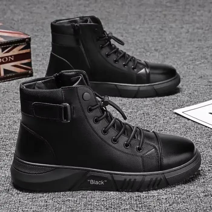 Bottines en cuir PU noires pour homme, confortables, à lacets croisés, pour l'automne et l'hiver, bottes montantes décontractées et élégantes pour toutes sortes d'occasions