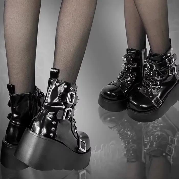 Femmes Punk bottes en cuir PU Rivet boucle conception chaussures Cool rétro grosses compensées plate-forme