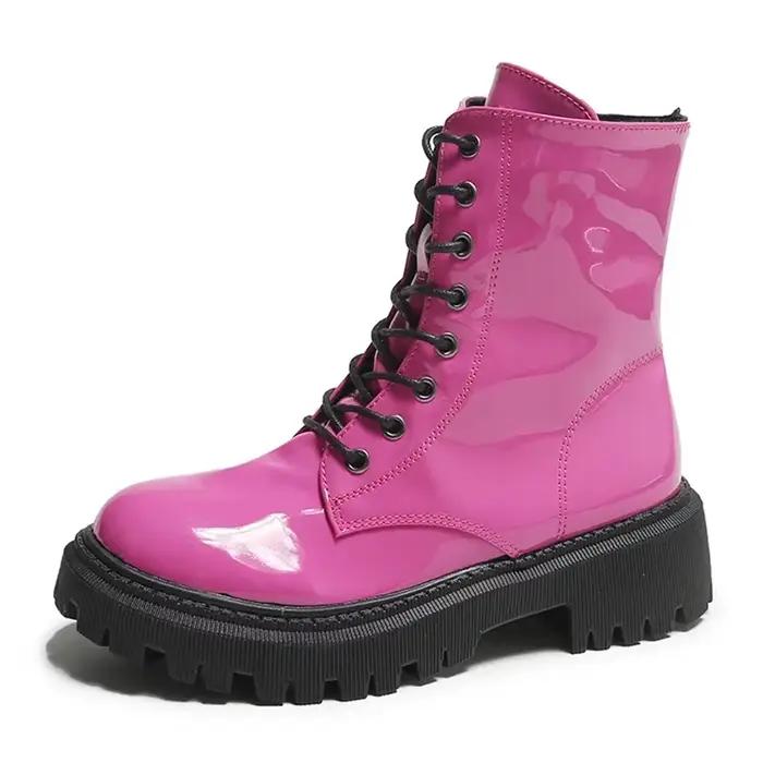 Bottines roses à lacets pour femme, bottines de moto à plateforme en cuir verni, talons épais, fermeture éclair, courtes occasions spéciales