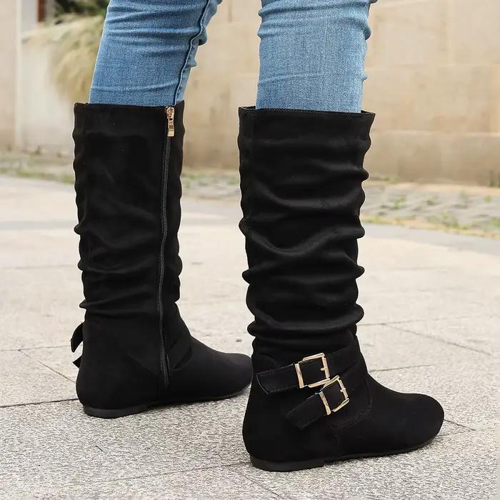 Bottes plissées à talons plats de style européen pour femmes