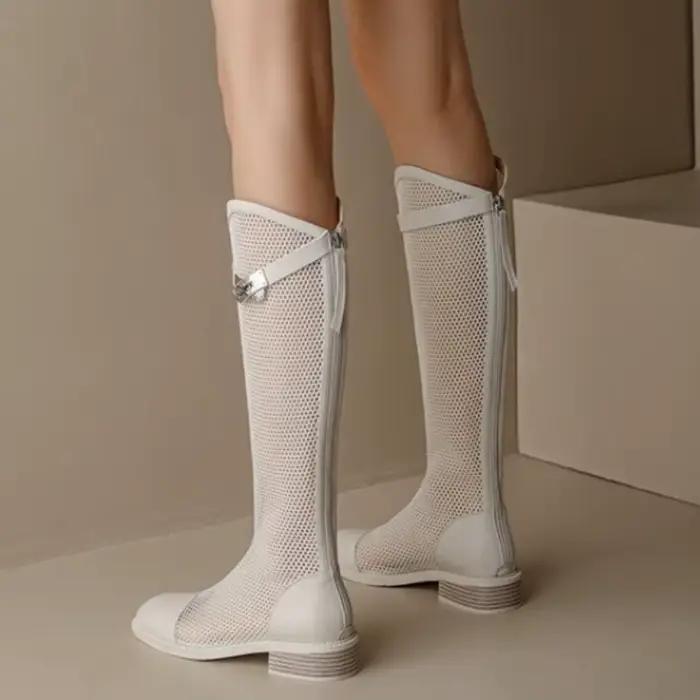 Femme été genou-haut maille bottes hautes femmes respirant maille chevalier bottes talon épais haut moto bottes Botas Mujer