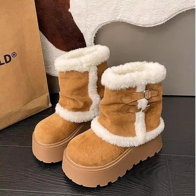 Bottes de neige rétro en fourrure pour femmes, bottes chaudes en coton épaissi avec doublure en polaire, style romain à enfiler, chaussures d'hiver à coupe basse