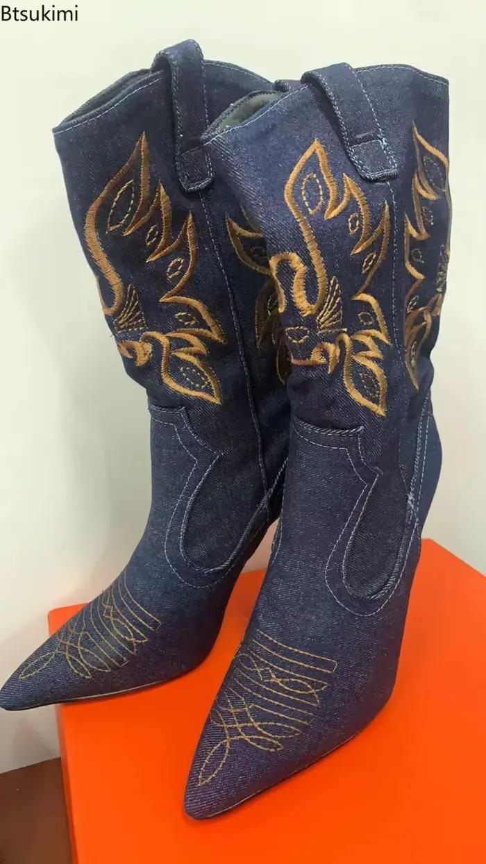 Nouvelles Bottes Western Brodé Charm pour Femme Printemps-Automne 2026 – Style Rétro Décontracté Sexy Bleu pour Dames, Bottines en Jean