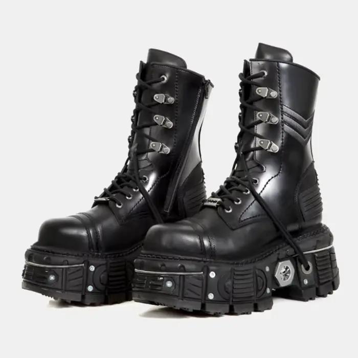 Bottes de rinçage rétro noires pour hommes et femmes, chaussures de chevalier décontractées à lacets, décoration en métal, plate-forme optique, punk, ronde, femme, 45