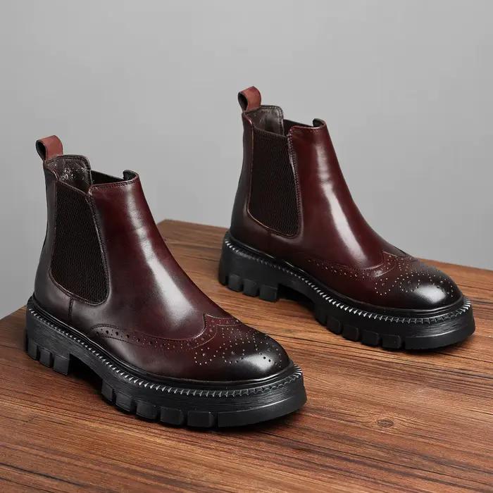 Bottes hautes pour hommes, mocassins à fond épais, motif sculpté, en cuir véritable, Style européen