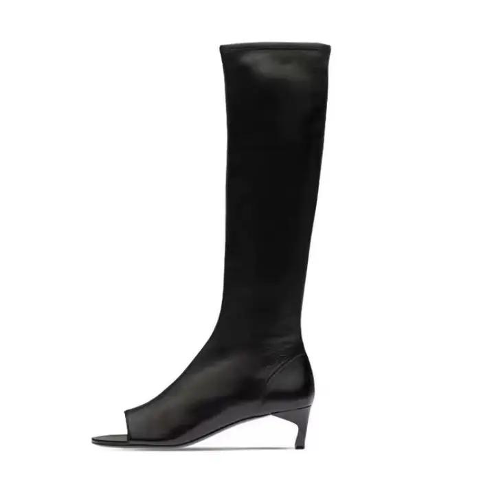 Bottes hautes au genou évidées pour femmes, sandales irrégulières, chaussures européennes et américaines, Parker ouvert, noir et blanc, sexy