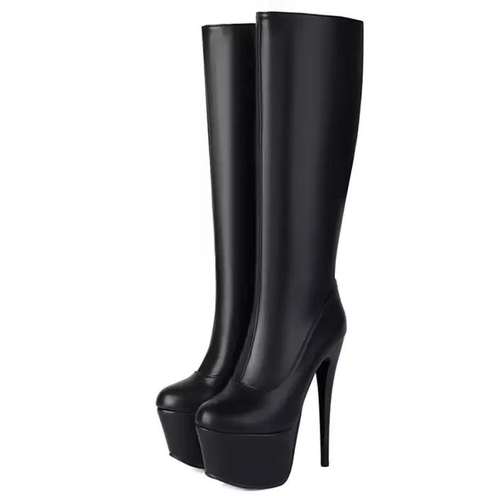 Bottes à plateforme au genou pour femmes, talons hauts noirs sexy, cuissardes, fête, boîte de nuit, chaussures pour filles, grande taille 48, hiver