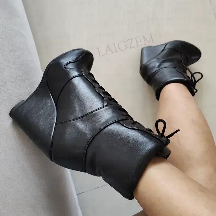 LAIGZEM femmes bottines compensées à lacets bout rond Faux cuir chaussons courts à la main dames chaussures femme grande taille 41 46 48 52