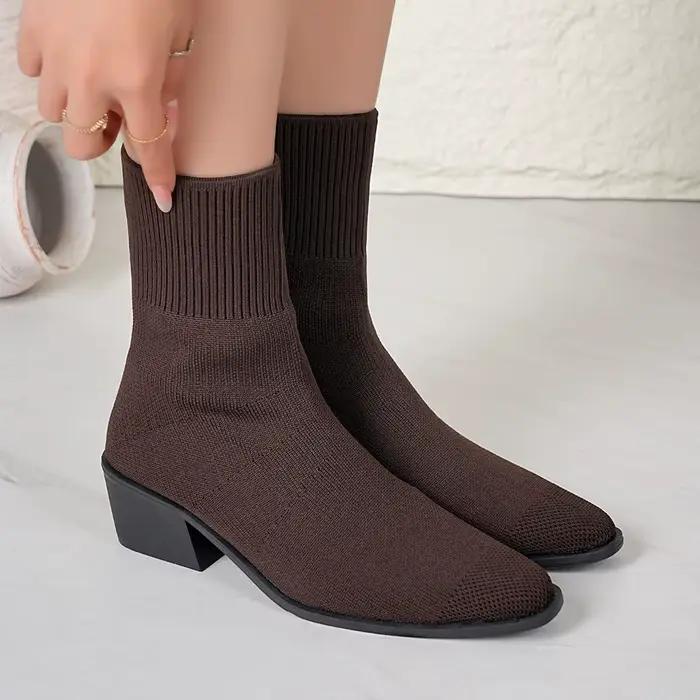 Mode femmes bottes bout pointu sans lacet mi-mollet bottes printemps automne tricoté chaussettes bottes femmes talons hauts grande taille chaussures femmes