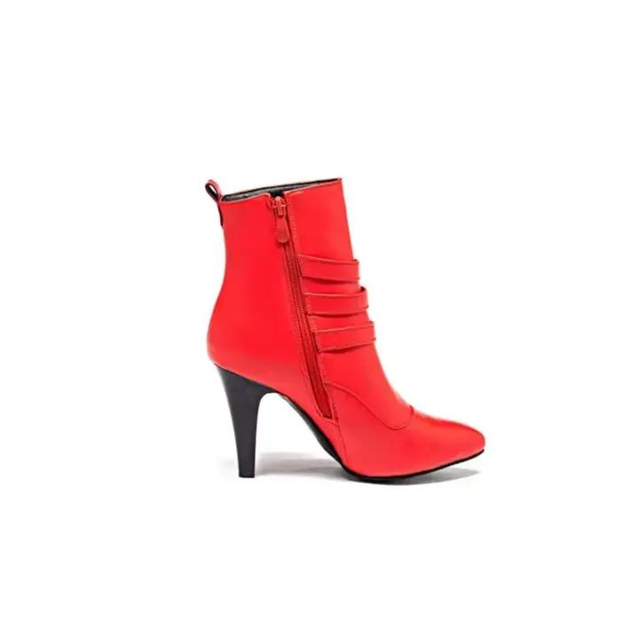 Femmes bottes cheville mode ceinture boucle bout pointu côté fermeture éclair talons aiguilles automne hiver chaud en peluche plate-forme chaussures T051