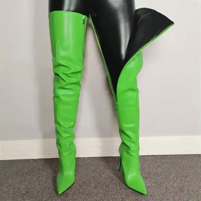Bottes au genou pointues en cuir synthétique pour femmes, haute saison printemps automne, style britannique, talons fins, ajustement parfait, faites à la main, diverses couleurs disponibles ```