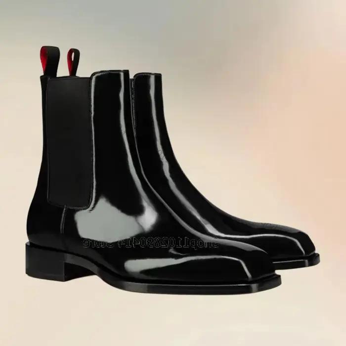 Bottes carrées en patchwork de cuir verni noir pour hommes, chaussures provoqué, à enfiler, luxe, faites à la main, fête, banquet, bureau, mode