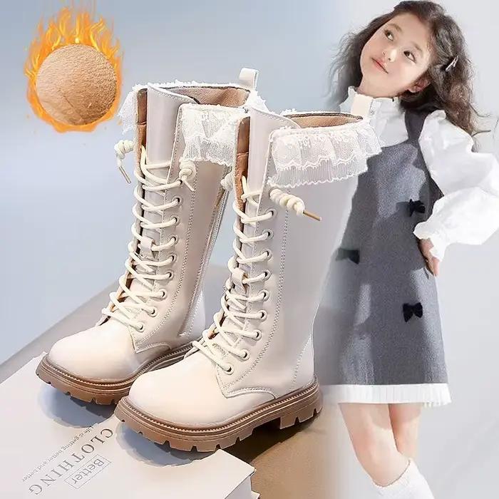Filles bottes hautes bout rond coiffé fond souple enfants bottes en cuir polyvalent 2025 automne hiver enfants mocassins antidérapant doux