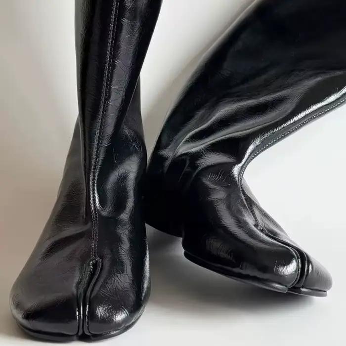 Bottes longues souples en cuir pour femme, bottes hautes au genou exquises, chaussures Tabi à bout fendu, Botas Feminina