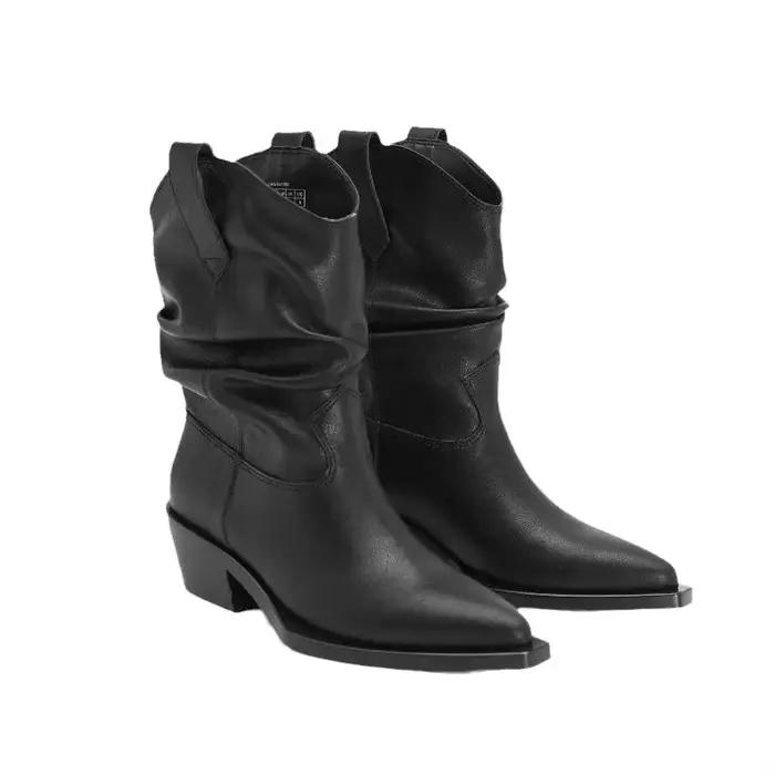 Bottes de cowboy à talons épais en cuir PU pour femmes, bottines western plissées mi-mollet, tube adt, automne, hiver, nouveau