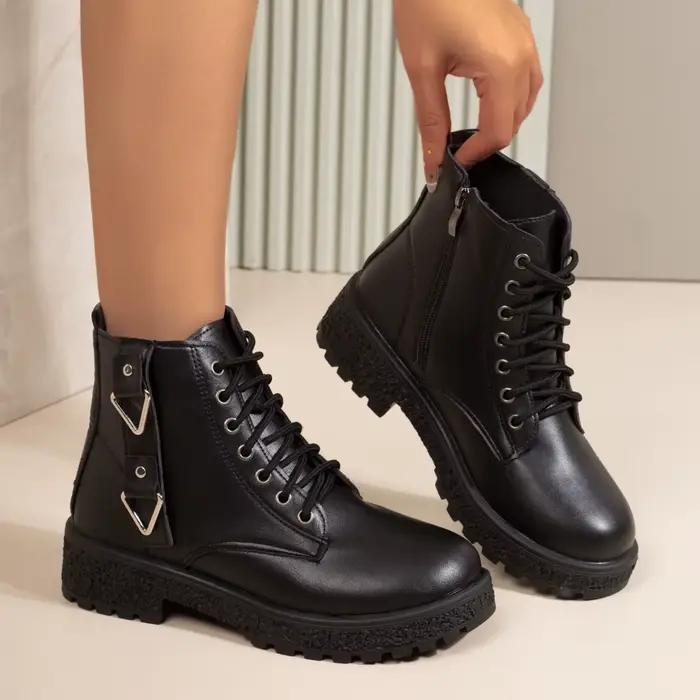Bottes de combat noires à plateforme pour femmes, bottines d'hiver tendance avec boucle en cuir PU, bottes décontractées pour femmes grandes tailles, bottes de moto