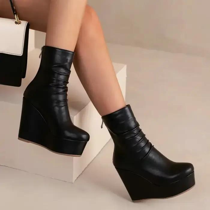 Femmes bottines taille 33 hiver automne conception plissée bout rond dames matures bureau plate-forme compensées talons hauts Chelsea bottes