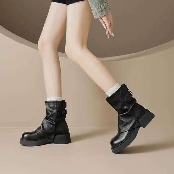 Bottes de cowgirl occidentales pour femmes, chaussures décontractées à semelle épaisse imperméables, à la mode et polyvalentes, nouvelle collection automne-hiver, bottes courtes pour femmes