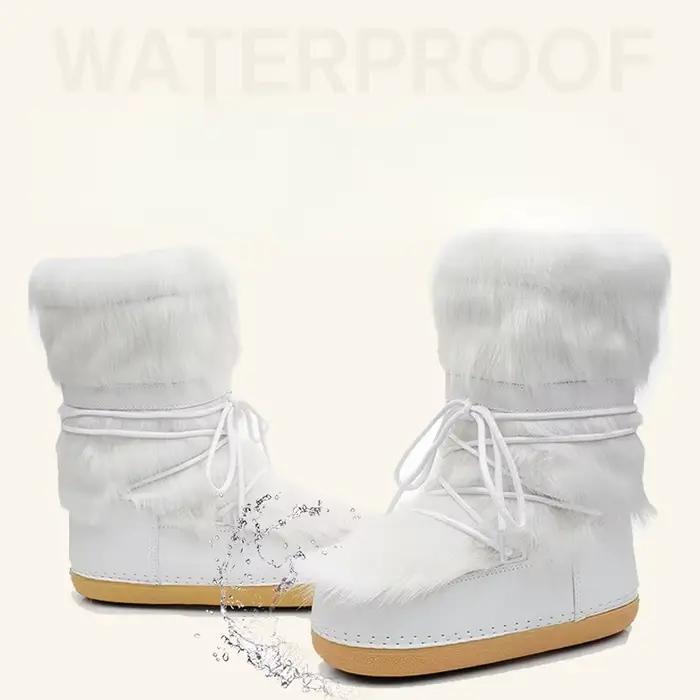 Bottes de neige moelleuses à lacets pour femmes, bottes de ski blanches, plate-forme de mollet moyen, hiver 2024