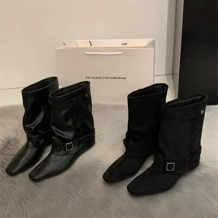 Bottes de chevalier de styliste pour femmes, chaussures à talons bas, robe de danse, Style de rue, fête de Banquet, courtes Botas Mujer